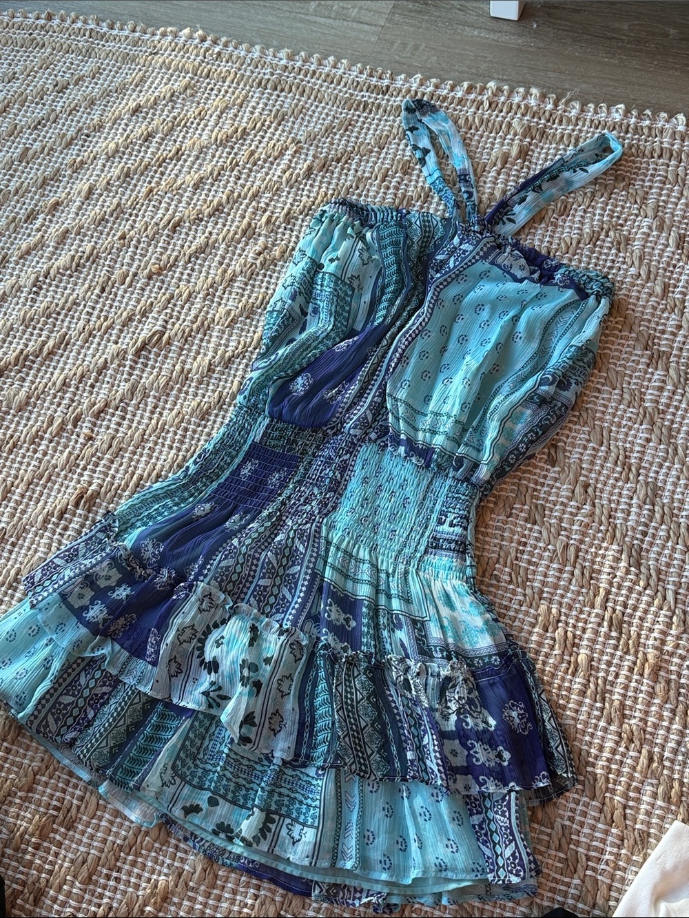 Ramy Brook Teal and Navy Printed Smocked Mini Dress